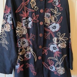 Indigo Moon Appliqué Jacket, Black background, well-made, size M